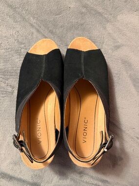 Vionic Trixie Black Suede Peep-Toe Slingback Wedges